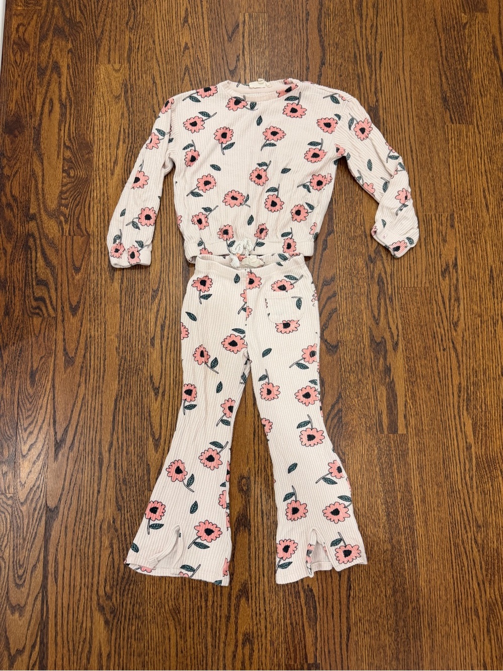 Kids Pink Floral Ribbed Flared Bottoms